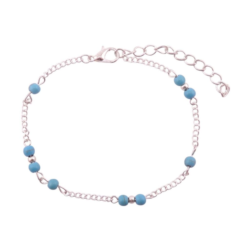 Faux Turquoise Bead Silvertone Curb Link Ankle Bracelet Anklet 8" - 10" NWOT